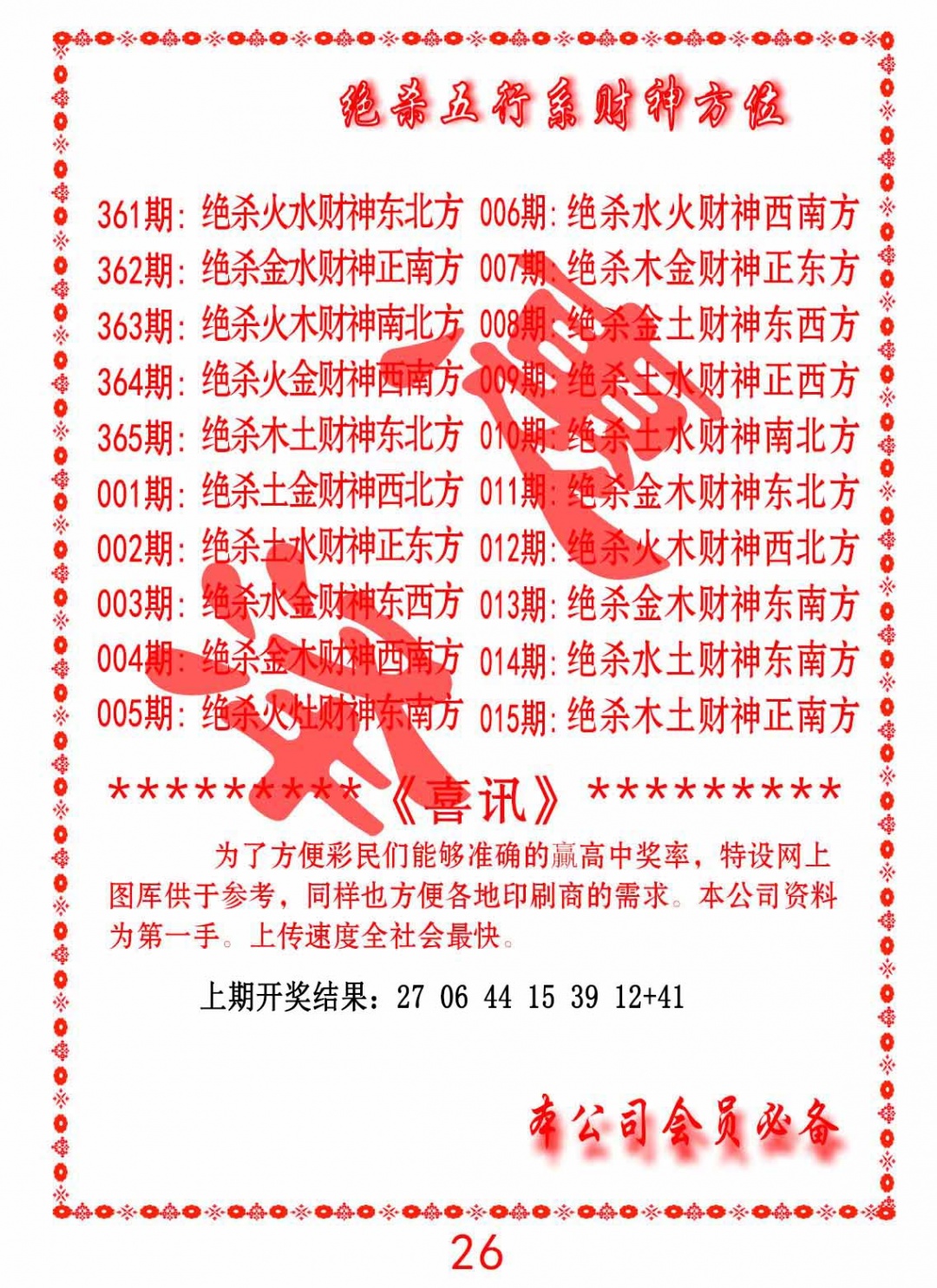 361期绝杀五行及财神方位[图]